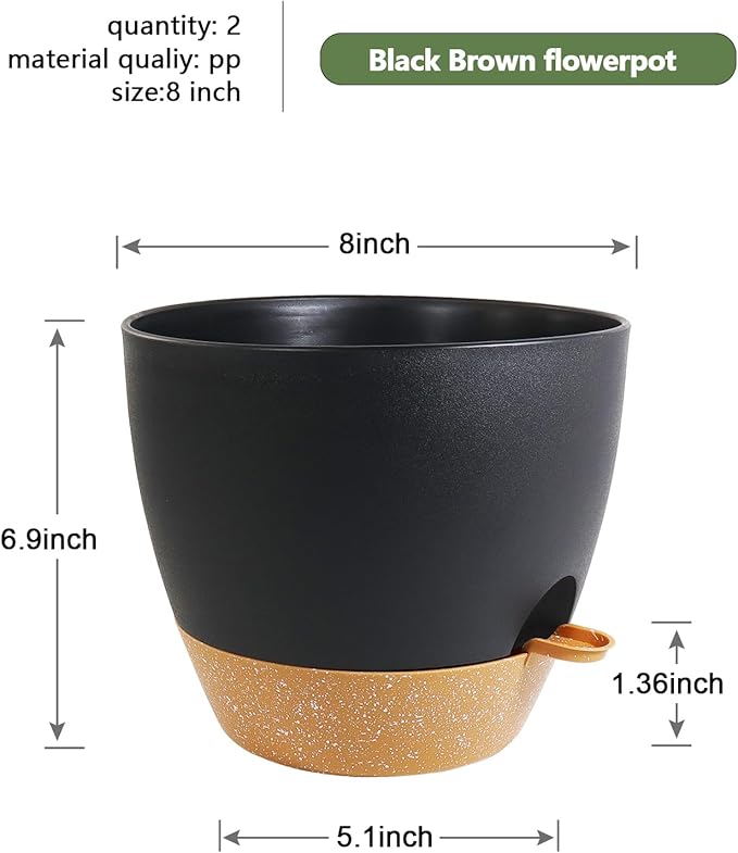 8 inch Self Watering Pots, 2 Pack Plastic Planters with Mesh Drainage Holes for Garden Plants and Flower, Plants Pots with Deep Reservoir for Indoor Outdoor Plants, Black with Brown