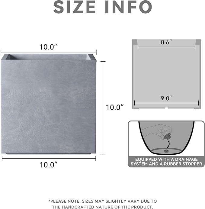 Kante 10 Inch Square Concrete Planter for Outdoor Indoor Home Patio Garden, Large Plant Pot with Drainage Hole and Rubber Plug, Slate Gray