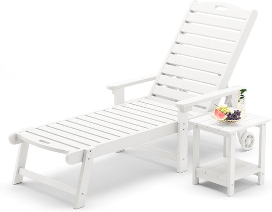 LUE BONA Chaise Lounge Chair with Table, 2-Piece, 79'' Oversized HDPS Chaise Lounger, 5 Positions Adjustable Lounge Chairs, Pool Lounge Chair with Wheels for Poolside, Backyard, 3 Year Warranty, White