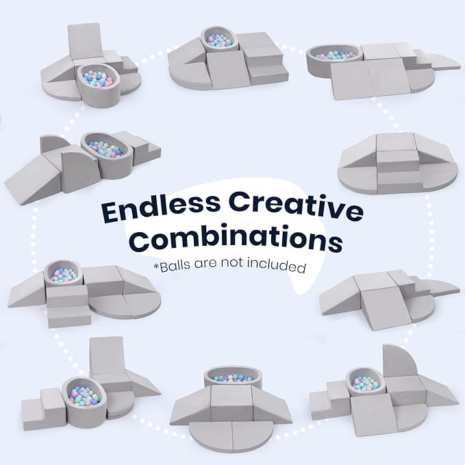 7-Piece Foam Climbing Blocks for Toddlers, Baby Climb and Crawl Soft Play Set with Ball Pit, Machine Washable Cover, Indoor Activity Play Structure, Climbing Toys for Toddlers 1-3 (Gray)