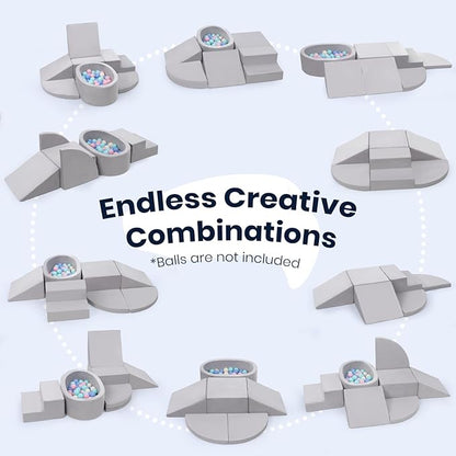 7-Piece Foam Climbing Blocks for Toddlers, Baby Climb and Crawl Soft Play Set with Ball Pit, Machine Washable Cover, Indoor Activity Play Structure, Climbing Toys for Toddlers 1-3 (Gray)