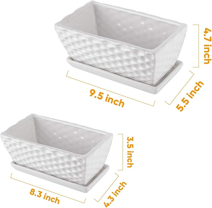 Brajttt Flower Pots,Rectangular Modern White Ceramic Succulent Pots with Drainage, Garden Pots with Hole, Ceramic Pots, Planter Box with Saucer 2 Set