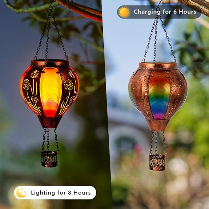 Hanging Hot Air Balloon Solar Lantern Waterproof, Solar Hot Air Balloon Lights with Flame Outdoor Garden Yard Patio Decor, Dandelion Colorful Lanterns Gifts for Mom