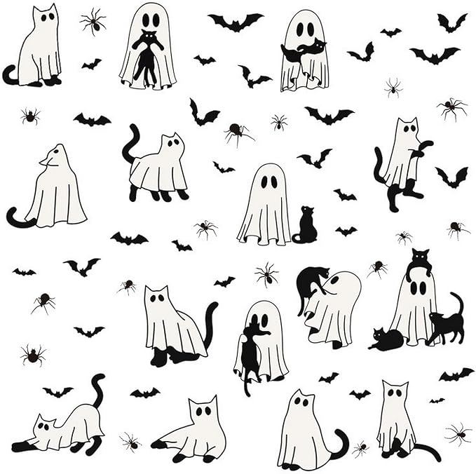 6 Sheets Halloween Window Clings Ghost Window Stickers Halloween Cute Black Cat Bat Designs Double-Side Glass Decals for Home Office Party Favor Windows Glass Decoration Supplies