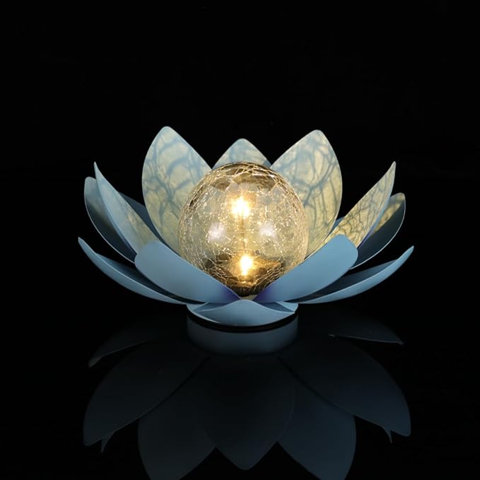 12 inches Solar Lights Outdoor Garden, Crackle Globe Glass Lotus Decoration, Waterproof LED Metal Flower Lights for Patio,Lawn,Walkway,Tabletop,Ground Gardening Gifts (Blue)