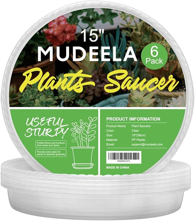 MUDEELA 6 Pack of 15 inch Plant Saucer, Durable Plastic Plant Trays for Indoors, Clear Plastic Flower Plant Pot Saucer, Made of Thicker, Stronger Plastic, with Taller Design
