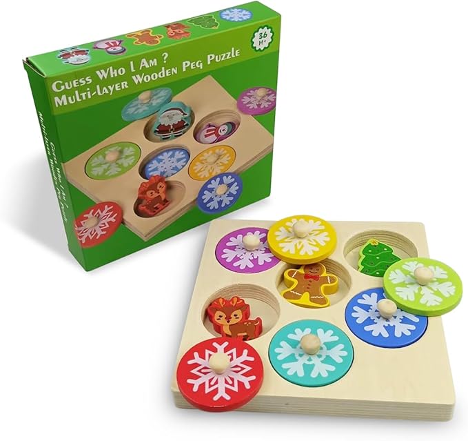 Pinkiwine Christmas Wooden Peg Puzzles Montessori Educational Toys for Kids Toddlers Christmas Toys Christmas Stocking Stuffers Gifts