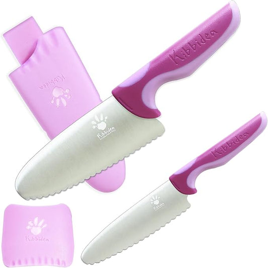 Kibbidea 4 Pcs kids knife set for real cooking, Kids First Cutting Knives Set, Round Tip Kids Friendly Kitchen Knife, BPA-free Stainless Steel Kids Chef Knife to Learn to Cook (Violet)