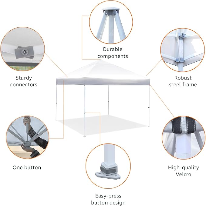 Amazon Basics Outdoor Pop Up 10 x 10 Canopy Tent for Events, Portable with Easy Setup, One-Push, Includes Wheeled Carry Bag, 8 Pegs, 4 Ropes, 4 Weighted Bags, White