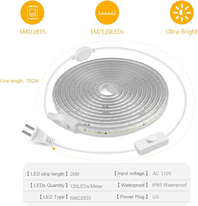 Outdoor LED Strip Lights,AC110V 65.6FT/20M LED Light Strip White,IP65 Waterproof 6500K Flexible LED Rope Lights for Patio Backyard Garden Kitchen Lighting(65.6FT, White)