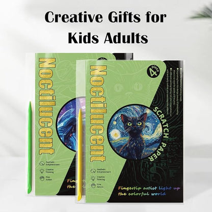 Georgie Porgy Scratch Paper Art Set for Kids Adults Magic Rainbow Scratchboards for DIY Arts and Crafts Kits Christmas Birthday Gift with Scratching Tools Kit (A5-Noctilucent Animals + Racing Cars)