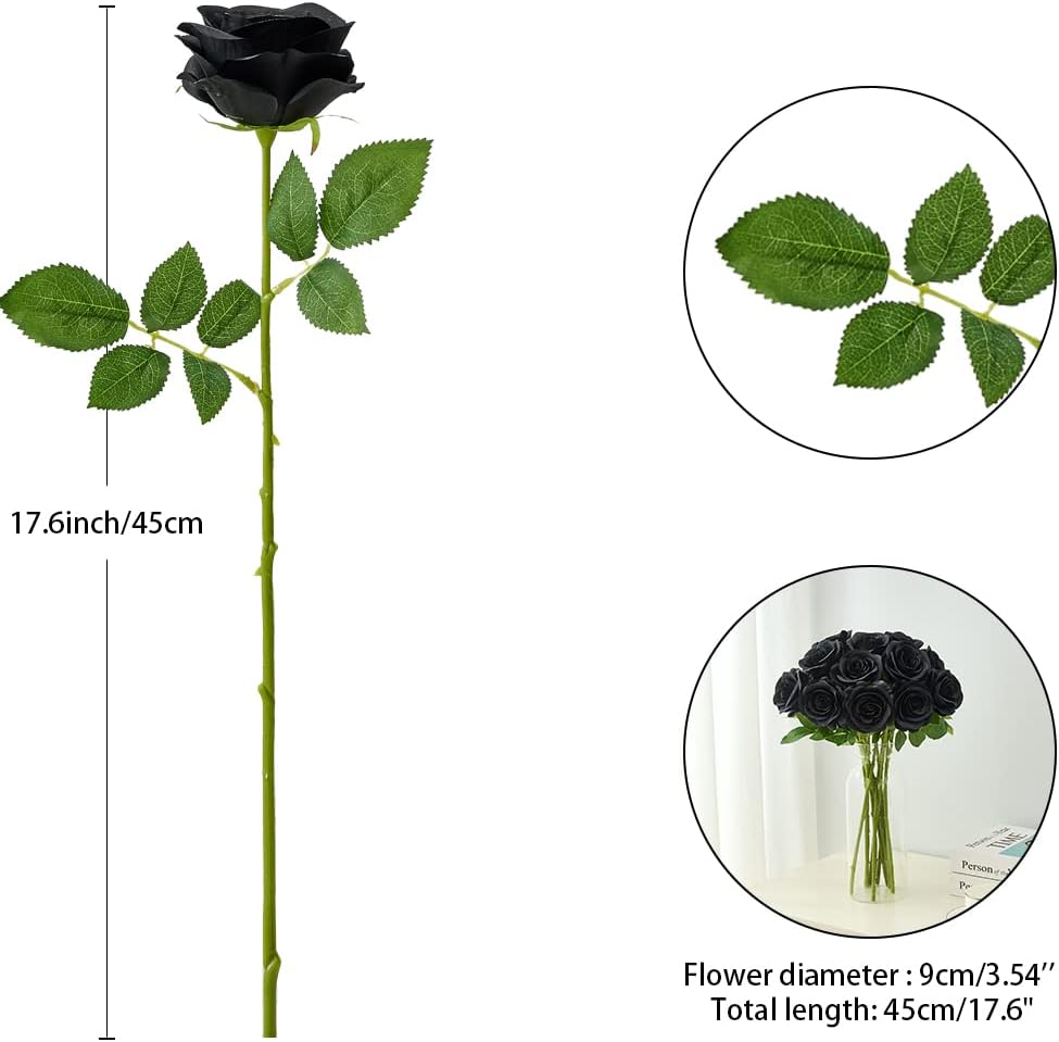 12PC Black Roses Artificial Flowers Fake Roses Silk Realistic Roses Bouquet Flowers with Long Stems for Wedding Home Party Centerpieces Decorations