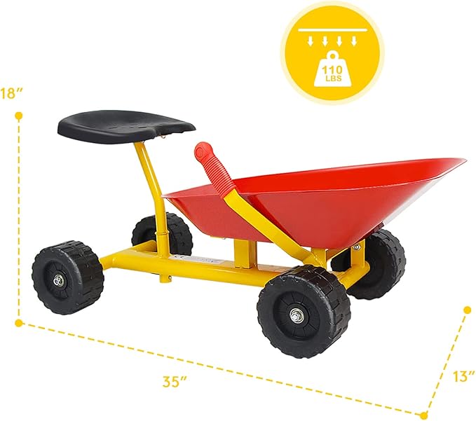 Costzon Kids Ride-on Sand Dumper, Children Outdoor Sandbox Toy w/Ergonomic Handle & 4 Wheels, Heavy Duty Steel Digging Metal Garden Play Tool for Boys Girls, Kids Wheelbarrow (Red)