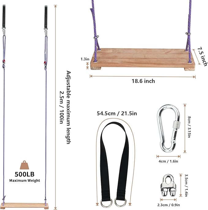Teak Wood Swing 18.6"x7.6" - Outdoor Wooden Tree Swing Seat for Adults & Kids, Backyard Wood Swings with Height Adjustable Design