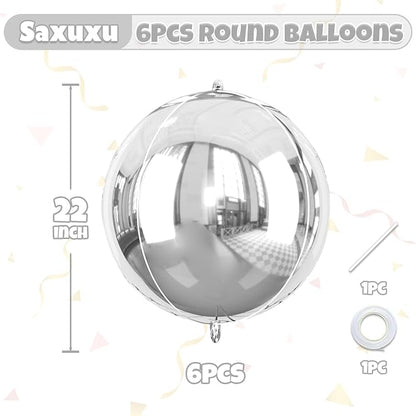 Giant 4D Foil Balloons, 6Pcs Large Metallic Silver Round Balloons, 22 Inch Big Round Foil Balloon for Silver Birthday Party Baby Shower Wedding Decorations