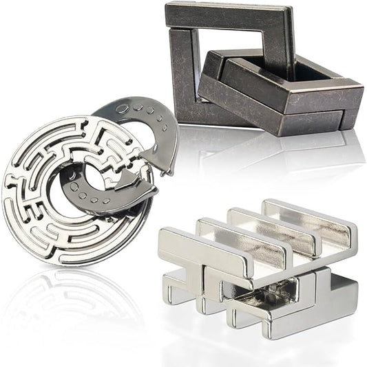 3PCS Fun Metal Brain Teaser Puzzle Games - Adults Mind 3D Toys -Teens IQ Insight Challenge - Educational Gift for Ages 12+