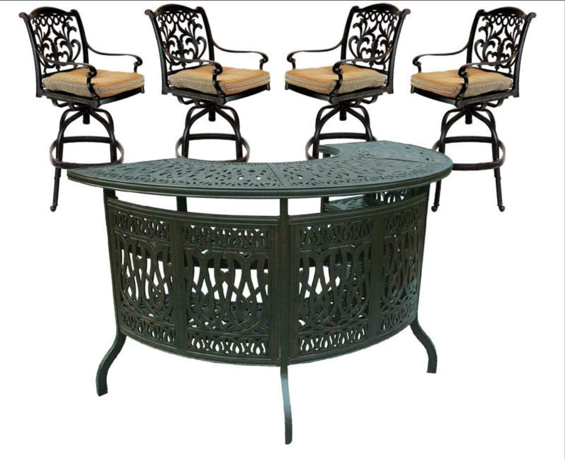 PatioLand Mandalay Patio Cast Aluminum 5pc Party Bar with Half Moon Bar Table - Antique Bronze