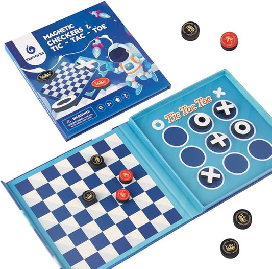 2-in-1 Checkers & Tic-Tac-Toe Board Game | Magnetic Travel Games for Kids 8-12 | Plane Activities for Kids Ages 8-12 | Foldable Magnetic Checkers & Travel Activities (Ages 3-12)
