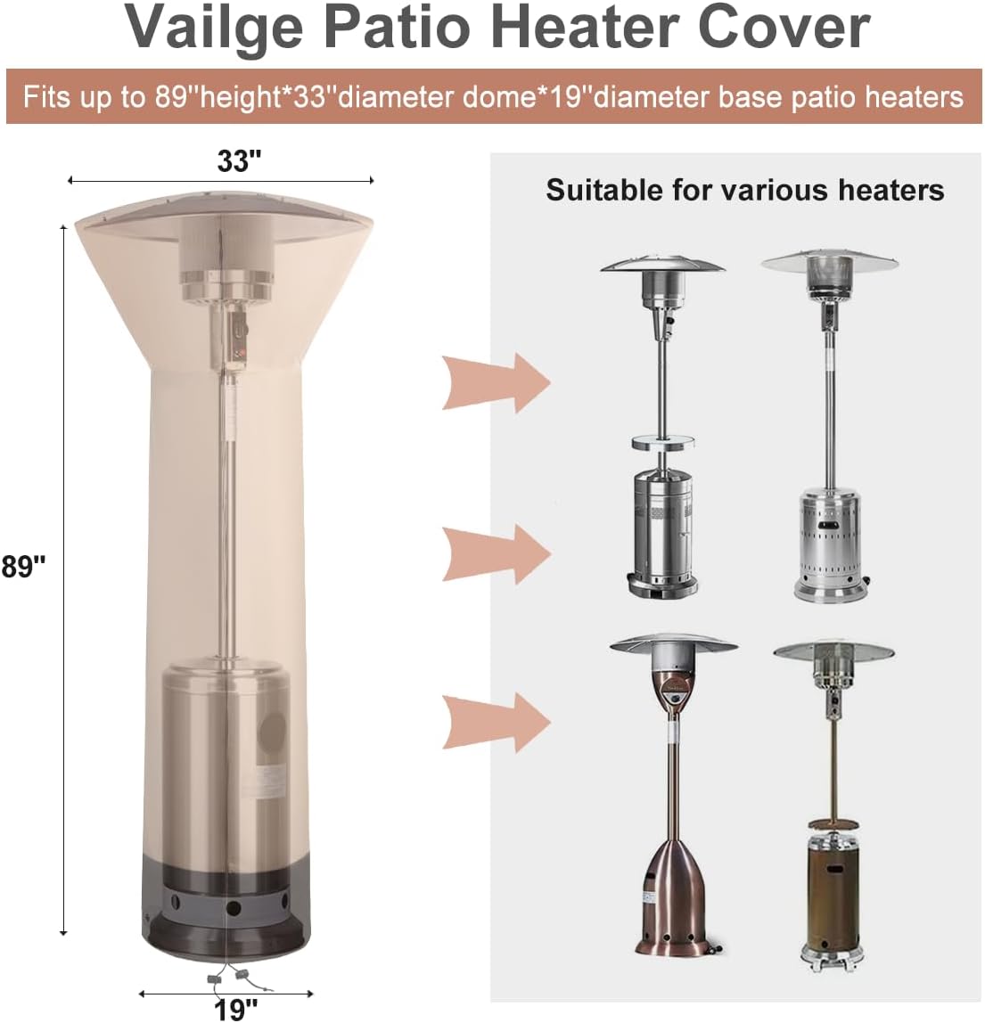 Vailge Patio Heater Covers with Zipper and Storage Bag,Heavy Duty 600D Oxford Waterproof Outdoor Heater Cover Wind Resistant Dustproof UV Resistant,Beige&Brown,89'' Height x 33" Dome x 19" Base,2 Pack