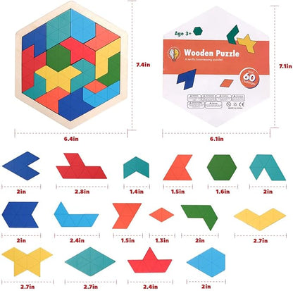 Vanmor Wooden Geometric Tangram Puzzle Blocks - 3D Logic IQ Brain Teaser Jigsaw | Montessori STEM Educational Toy with 60 Challenges for All Ages