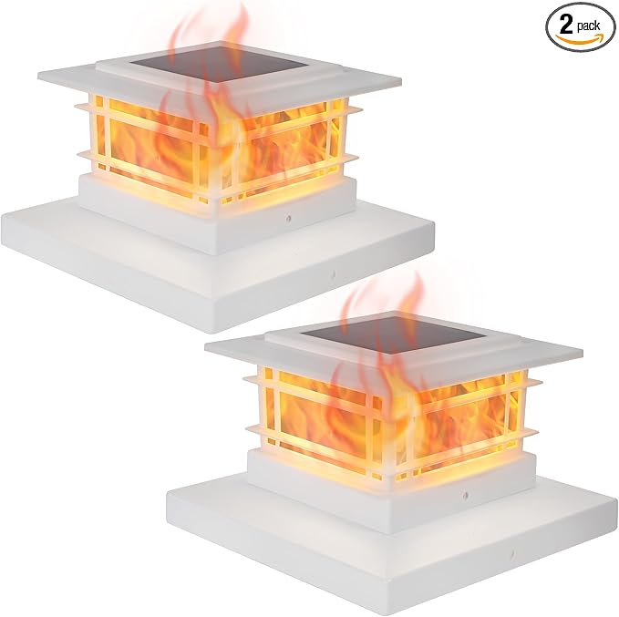 Dynaming 2 Pack Solar Flame Post Lights Outdoor, Solar Powered Fence Post White Shell Cap Light, High Brightness Flickering Flame LED Lighting for Garden Deck Patio, Fit 4x4 5x5 6x6 Vinyl/Wooden Posts