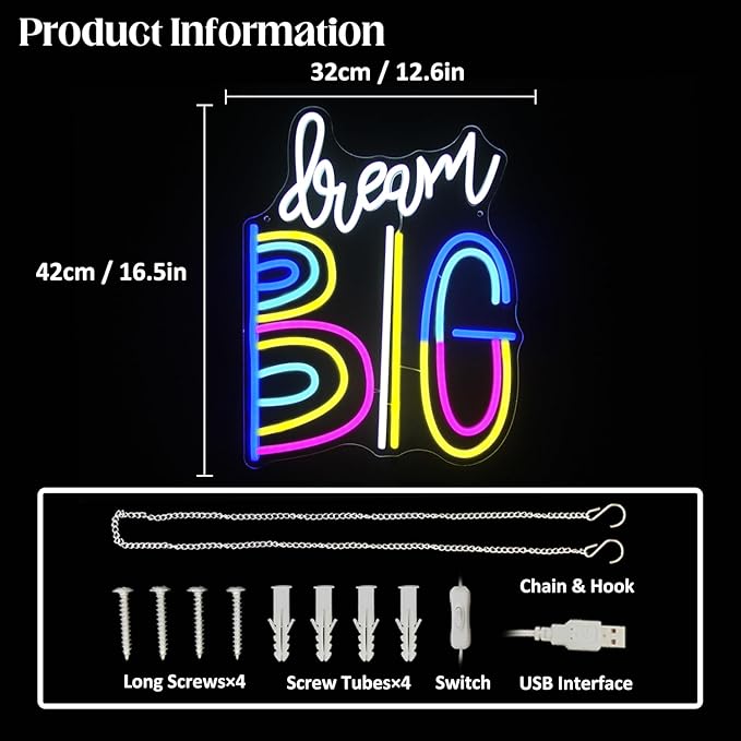 Dream Big Neon Signs for Wall Decor Colorful Letter Neon Sign Inspiring Quotes Neon Light LED Motivational Decor Dream Neon Light Sign for Bedroom Classroom Office Dorm Decoration