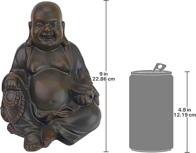 Design Toscano Laughing Asian Man Happy Hotei Garden Statue, Medium, 8 inches wide, 9 inches tall, Cast Stone Resin, Green Bronze Finish