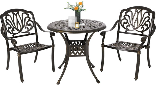 Cast Aluminum Outdoor Patio Dining Set, All Weather Outdoor Furniture Dining Set for Patio, Balcony, Lawn, Garden, Backyard (1 Round Table+2 Dining Chairs)