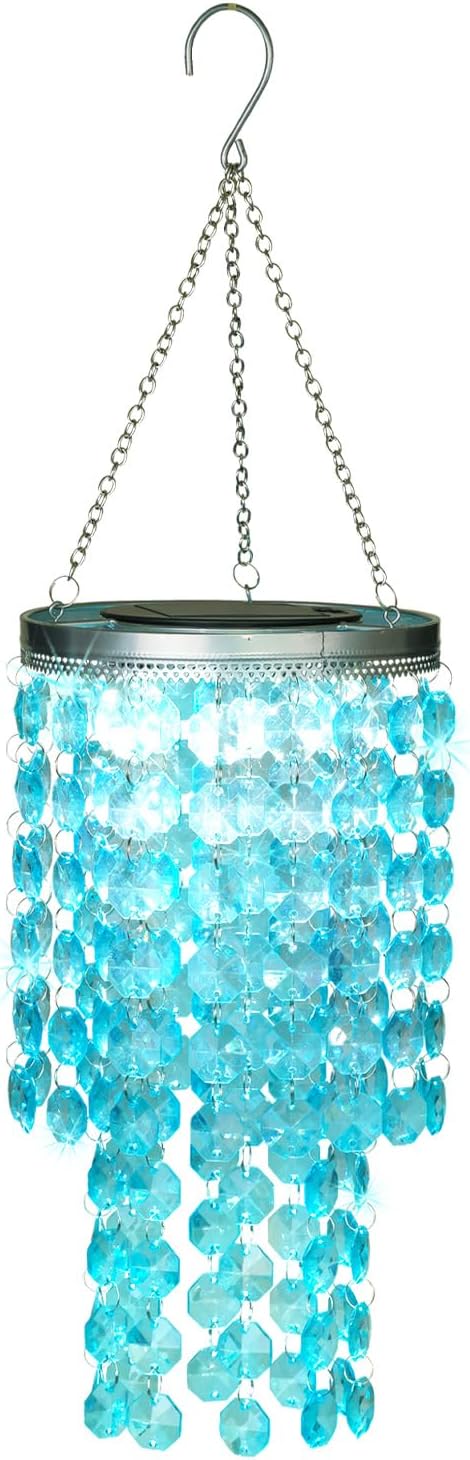 Hanging Solar Crystal Chandelier Outdoor, 21” Modern Solar Blue Acrylic Beaded Lantern with Cool White LED S Hooks for Garden Yard Patio Gazebo Outside Decor