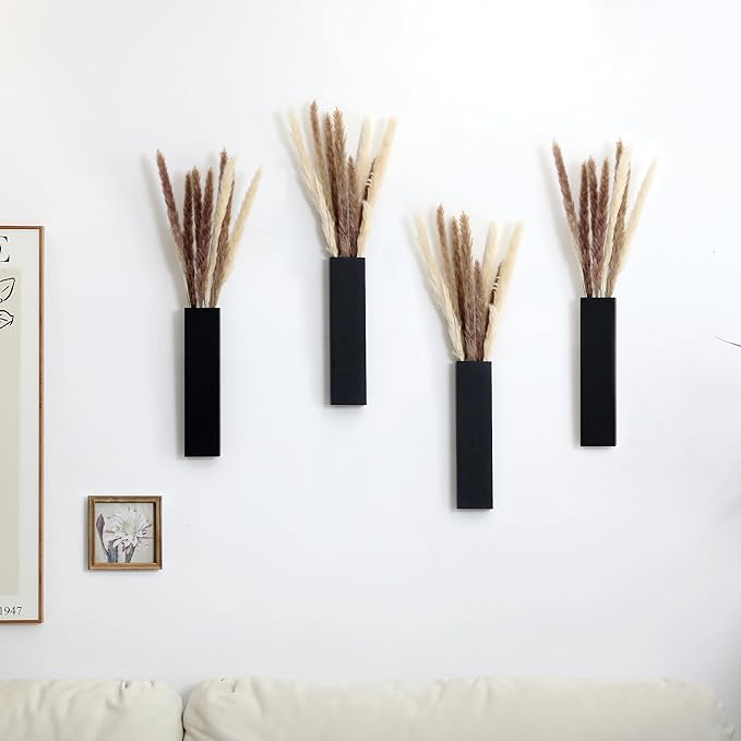 Wood Wall Planter 4 Pack Wall Decor for Artificial Flower Plants Wooden Plants Holders Wall Plant Pocket Vase Hanging for Living Room Bedroom Dining Room Bathroom Indoor Decroation (Black)