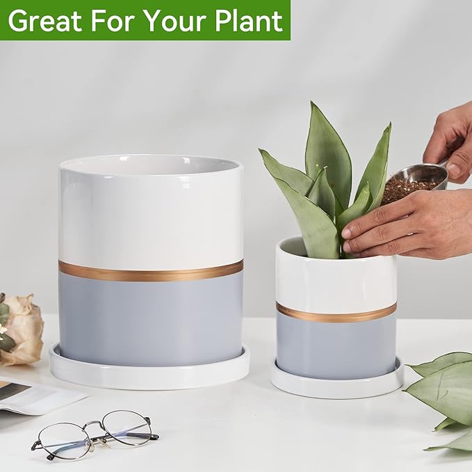 Ekirlin 6 inch Plant Pot - Ceramic Flower Planters Indoor - Modern Succulents Containers with Drain Hole Saucer, Decorate Home, Office & Outdoor (Grey)