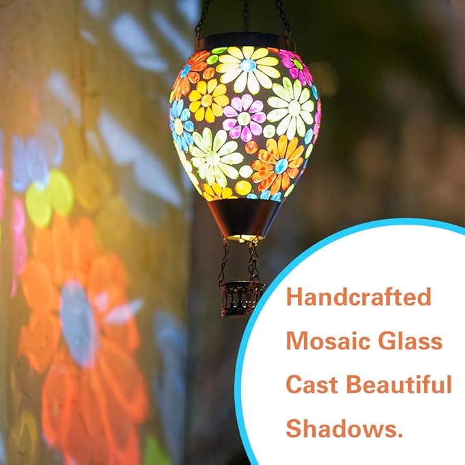 Starsoul Mosaic Flowers Hot Air Balloon Solar Lantern Glass Outdoor Hanging Hot Air Balloon Solar Flickering Flame Light Waterproof Garden Patio Yard Party Decorations