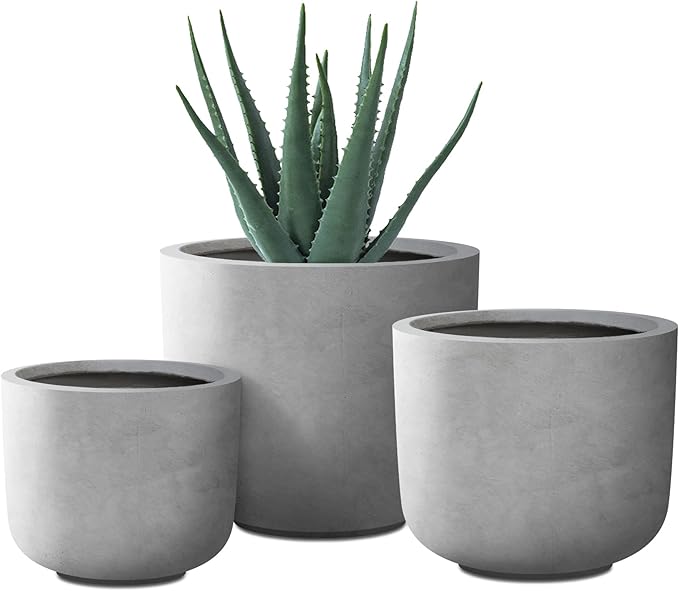 Kante 13",11",9" Dia Natural Concrete Round Planters (Set of 3), Outdoor Indoor Modern Planter Pots, Lightweight, Weather Resistant, Seamless with Drainage Hole