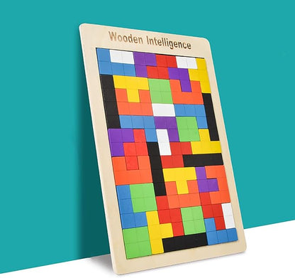 Large Wooden Blocks Puzzle Brain Teasers Toy Geometric Tangram Brain Teaser Puzzles Geometry Jigsaw 3D Russian Blocks Game STEM Montessori Educational Gift for Kids Adults