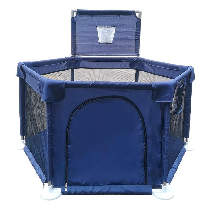 Portable Baby Ball Pit Playpen Playard Fence Playtent with Basketball Hoop Breathable Mesh for Indoors Outdoors Toddler Kids Large Blue 6-Panel