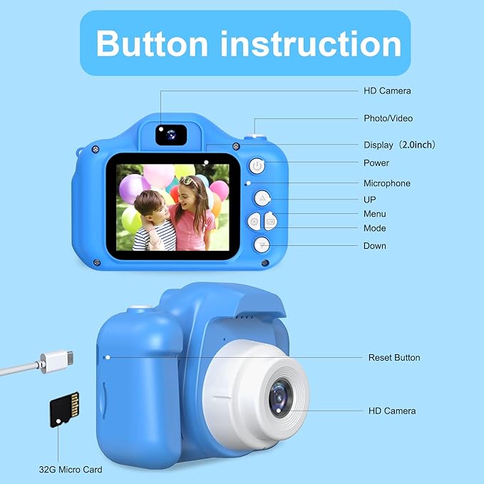 Kids Camera Toys Gifts for Boys Girls, Selfie Camera HD Digital Video Shockproof Camcorder, Christmas Birthday Gifts for 3 4 5 6 7 8 9 Years Old Girls Boys Gifts - 32GB SD Card Included