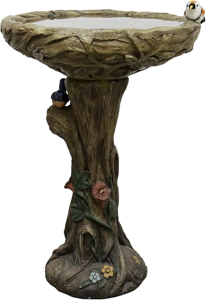 SunJet 25.5 Inch Heigh Wood-Look Concrete Bird Bath with Decorative Faux Bird – birdbath Rustic & Long-Lasting Design, Enhances Garden, Patio, Yard, Lawn Décor