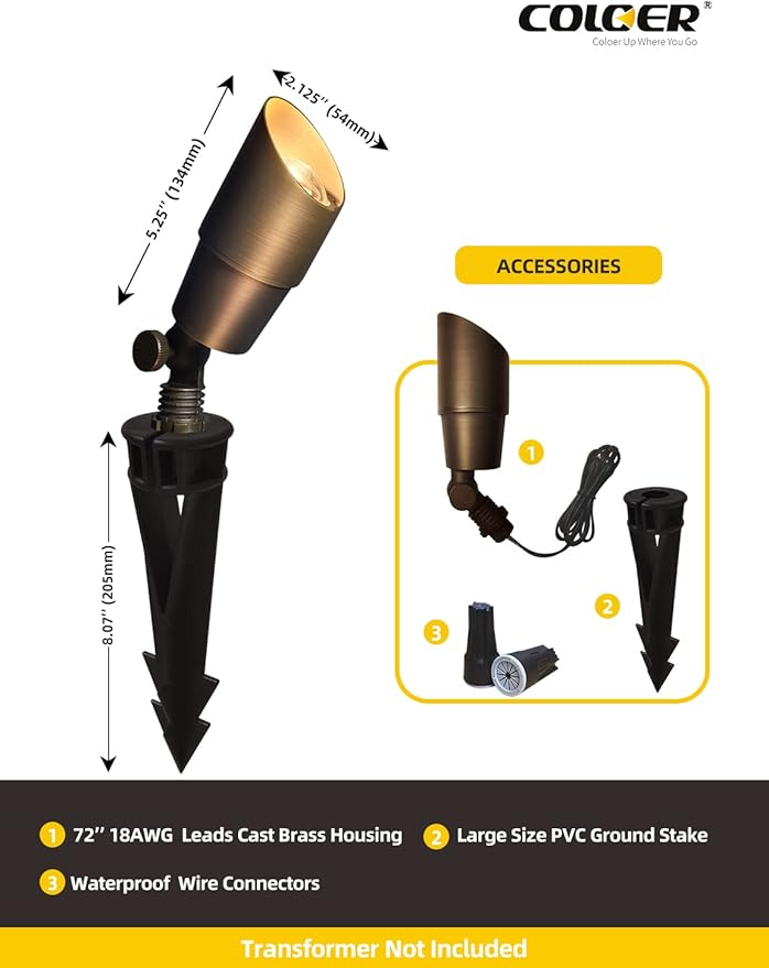 COLOER Die-cast Brass Landscape Spotlights, 12V AC/DC Low Voltage Outdoor Spotlight Fixture Wired, Outdoor Uplights for Trees,House, Garden and Patio (101B,Bronze,6-Pack Without Bulb)