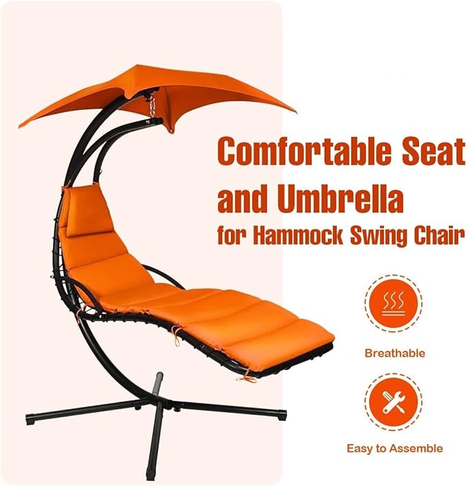 Weatherproof Replacement Cushion Pad and Umbrella for Hanging Lounge Chair Outdoor Chaise Hanging Hammock Chair - Long-Lasting, Fade-Resistant, Quick-Dry, Outdoor Lounge Replacement Set (Orange)