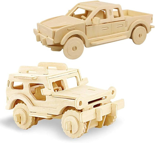 Georgie Porgy 2 Packs 3D Wooden Jigsaw Puzzle Set for Kids, Wooden Car Brain Teaser Puzzles Woodcraft Construction DIY Kits for Birthday STEM Gifts Educational Toys for Boys Girls (Car Pickup)