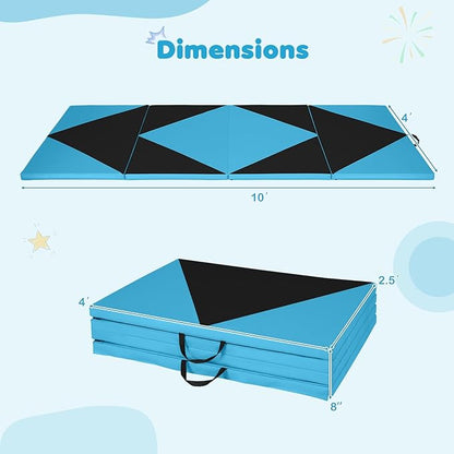 Giantex 4'x10'x 2" Gymnastics Mat, 4-Panel Folding Aerobics Exercise Mat w/Hook & Loop Fastener, Carrying Handle, Portable Tumbling Mat for Stretching Yoga Cheerleading Martial Arts