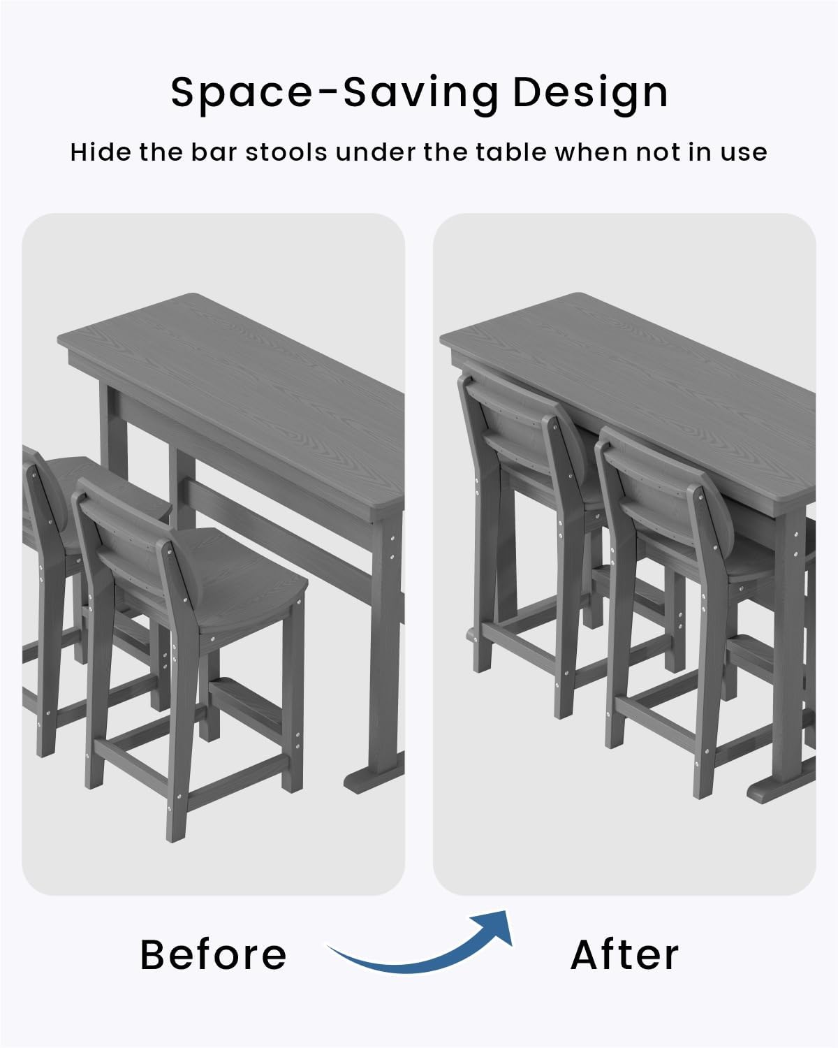 3-Piece Outdoor Patio Bar Table and Chairs Set, All-Weather HDPE High Top Table with 2 Armless Bar Stools, HDPE Bar Furniture Set for Outside, Poolside, Backyard, Garden (Grey)