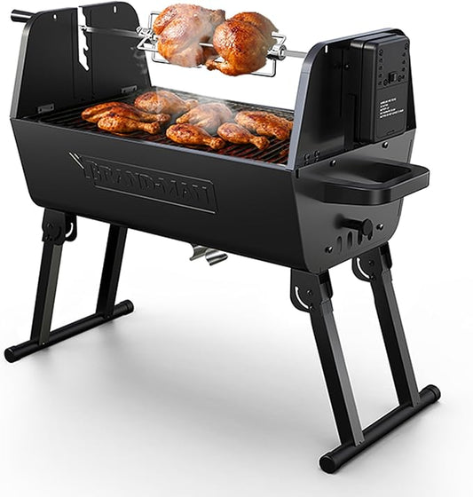 Brand‑Man 2‑in‑1 Charcoal BBQ Grill with Motorized Rotisserie – Portable, Foldable Grill, 257 sq in Outdoor BBQ Grill for Camping & Tailgate, Adjustable Height, Dual Vents