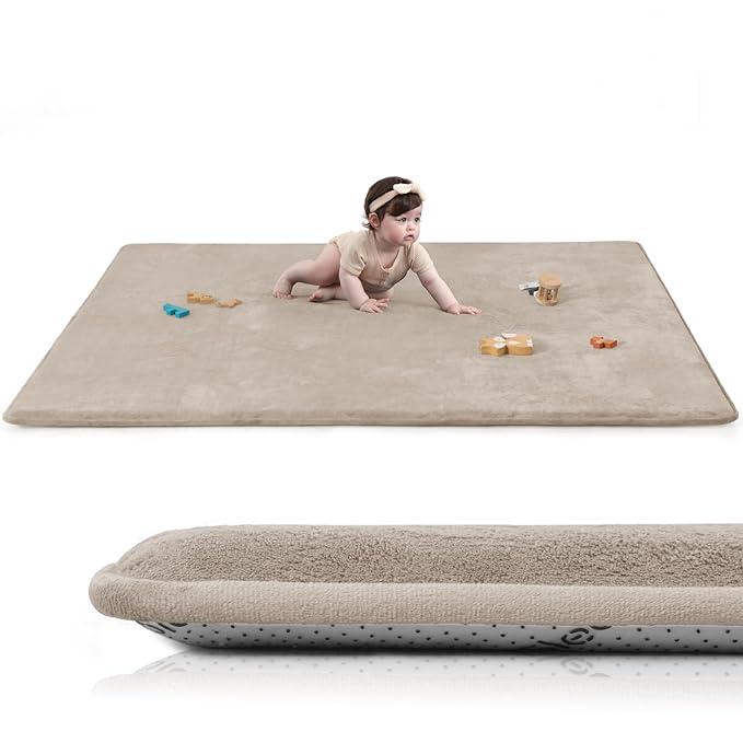 Baby Play Mat for Floor,Extra Large 59"×71" Tummy Time Mat,Thicker Memory Foam Mats for Toddler,Infant,Kids,Water Repellent Ultra Soft Coral Velvet,Non-Slip Backing Safe for Crawling(Beige)