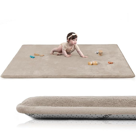 Baby Play Mat for Floor,Extra Large 59"×71" Tummy Time Mat,Thicker Memory Foam Mats for Toddler,Infant,Kids,Water Repellent Ultra Soft Coral Velvet,Non-Slip Backing Safe for Crawling(Beige)