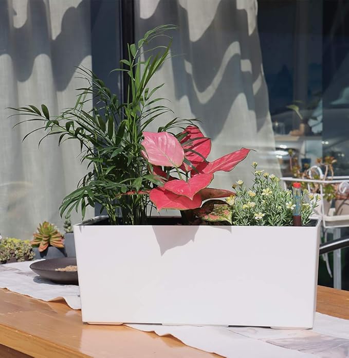 SAROSORA 14" Rectangle Self Watering Planter with Water Level Indicators for Plants & Flower Home Garden Outdoor Indoor Succulent | Herb pots | Window Box (1, White)