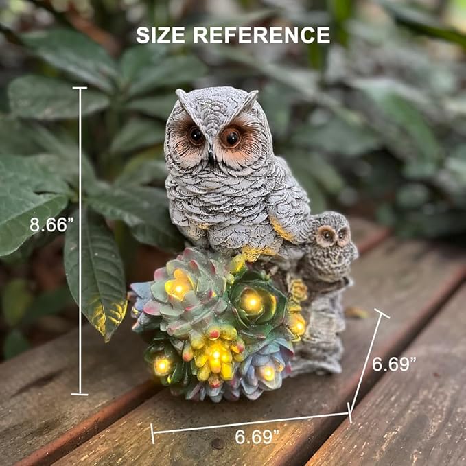 Mother Owl and Child Garden Statue on a Log with Succulent Led Solar Light Outdoor Scuplture Lawn Patio Yard Décor Owl Family Figurine with 7 Led Lights in Plants (Owl Solar)
