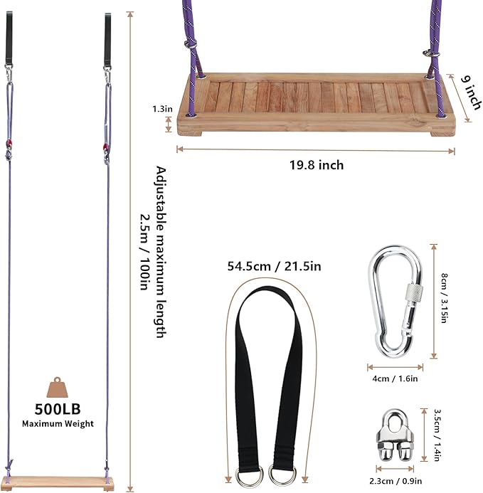 Teak Wooden Swing, Outdoor Wood Tree Swing Seat for Kids or Adults for Backyard Columpio, Height Adjustable (19.8x9inch)