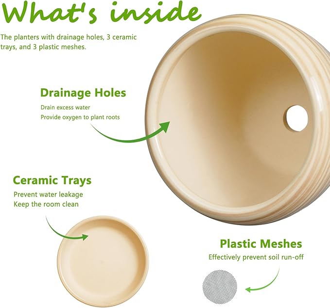 Ceramic Pots for Plants - 10 Inch 8 Inch 6 Inch Plant Pots with Drainage Holes and Saucers Large Planters for Indoor Plants Decorative Outdoor Flower Pots Set of 3 Yellow