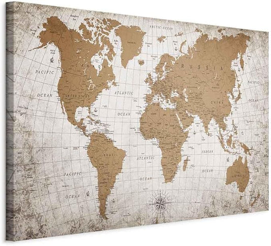 artgeist Canvas Wall Art Print World Map 35x24 in - 1pcs Home Decor Framed Stretched Picture Photo Painting Artwork Image Abstract World Map Vintage Continents k-C-10001-b-a